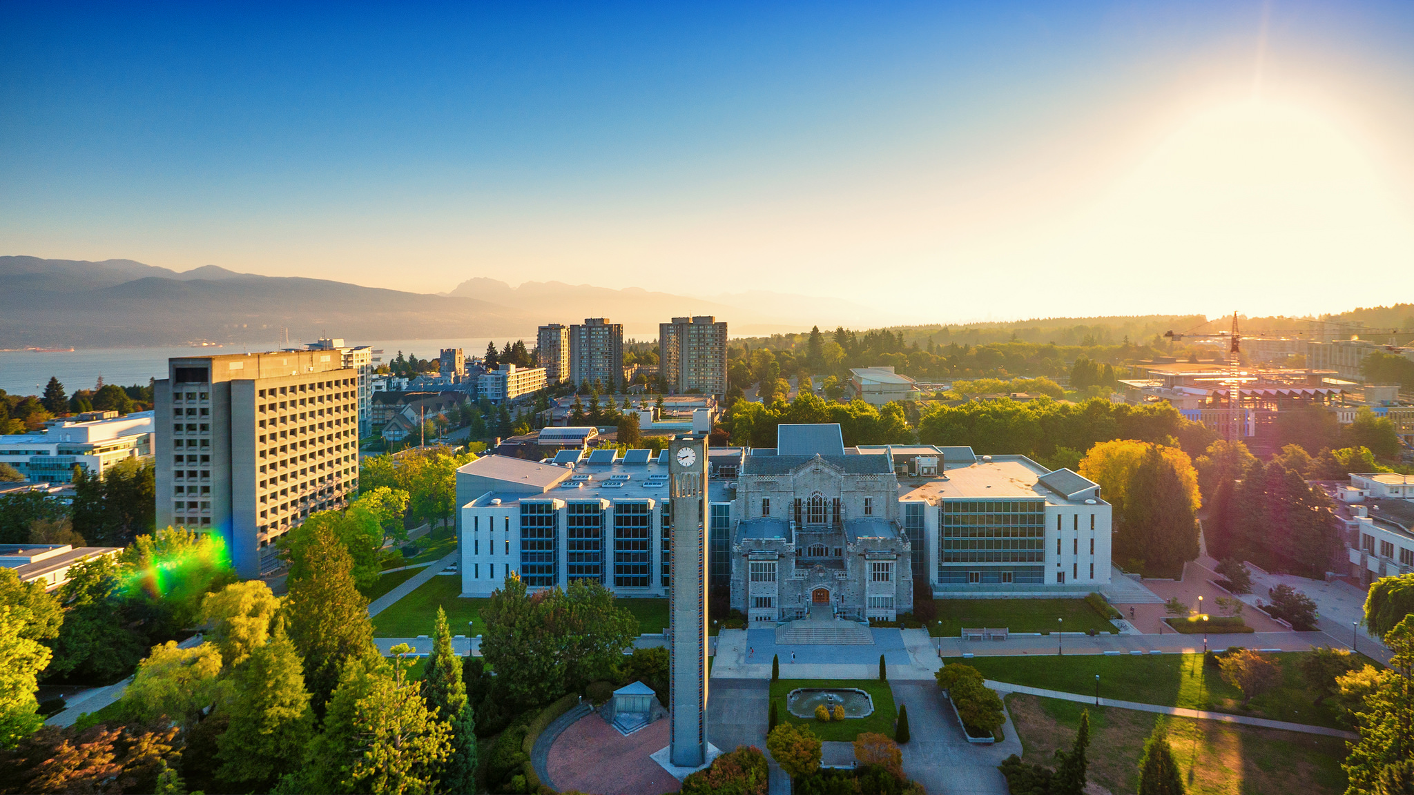 Aerial view of Irving K. Barber Learning Centre at the UBC Vancouver campus on a sunny morning.